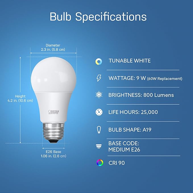 Feit Electric A19 Smart LED Light Bulb, 60W Equivalent, Tunable White, Alexa & Google Home Compatible, 2.4 GHz Wi-Fi, 90+ CRI, Non-Dimmable, 800 Lumens, 25,000-Hour Lifetime, OM60/CCT/CA/AG FeitElectricCompany