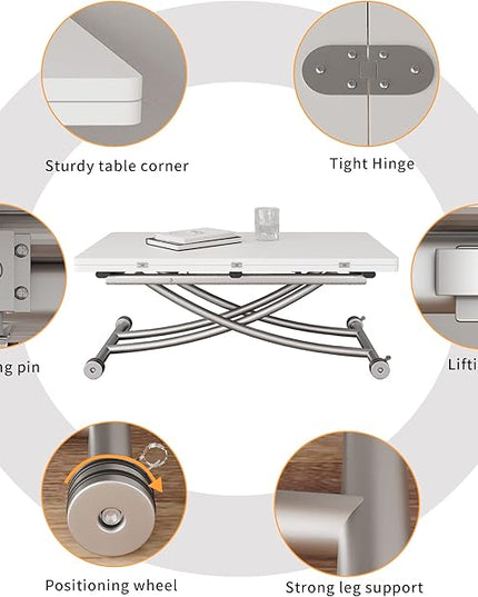 Multifunctional Folding Dining Table, Versatile Lift Top Coffee Table Convertible to Dining Table Height Adjustable Wooden Dinner Table with Metal legs Space Saving White - LeafyLoom