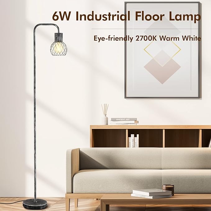 Industrial Floor Lamp, Antique Silver Standing Lamp Modern with 6W LED Bulb, Foot Switch, Metal Tall Lamps for Living Room, Bedroom, Office, Den, Vintage Stand Up Lamp, Minimalist Farmhouse Floor Lamp - LeafyLoom