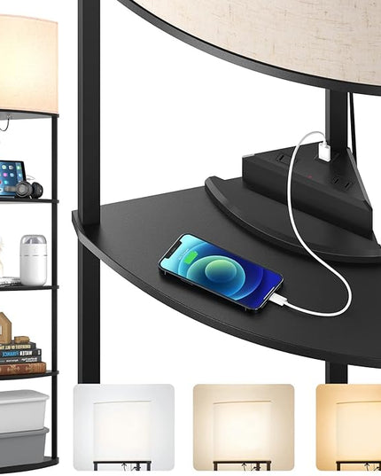 addlon 5-Tier Corner Shelf Floor Lamp with Type C, USB Port & 1 Power Outlet and 3CCT LED Bulb, Modern Display Lamp for Narrow Corner Bookshelf lamp for Living Room, Bedroom, Office - Black - LeafyLoom