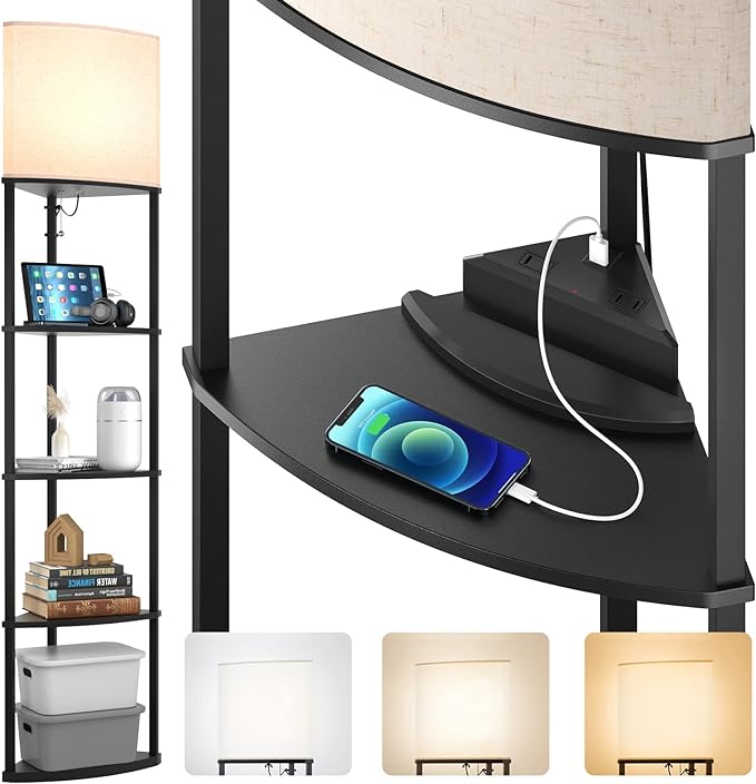 addlon 5-Tier Corner Shelf Floor Lamp with Type C, USB Port & 1 Power Outlet and 3CCT LED Bulb, Modern Display Lamp for Narrow Corner Bookshelf lamp for Living Room, Bedroom, Office - Black - LeafyLoom