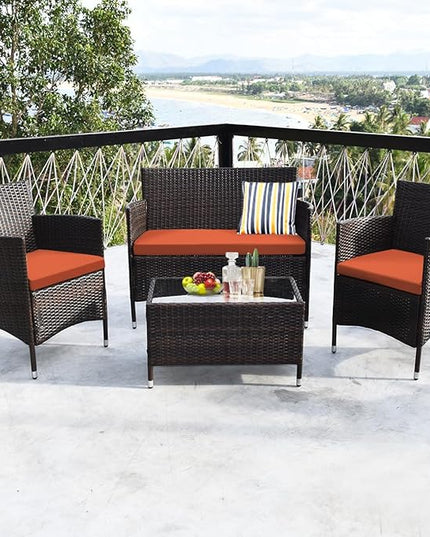 Goplus 4-Piece Rattan Patio Set, Outdoor/Indoor Wicker Conversation Set for Pool, Backyard, Lawn, Wicker Chairs and Sofa with Soft Cushion, Rattan Furniture with Tempered Glass Coffee Table - LeafyLoom
