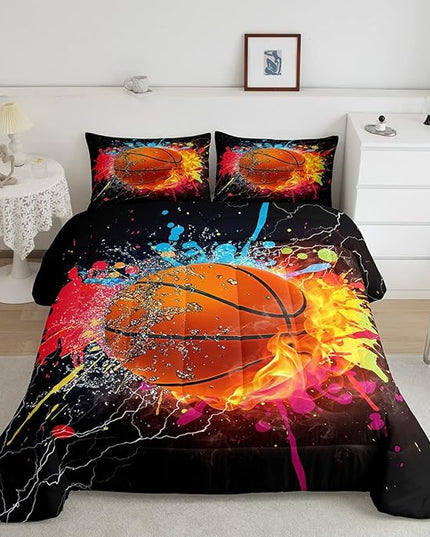 Teen Boys Basketball Bedding Set Kids Sports Comforter Sets Full Soft Lightweight Bedroom Dorm Decor,Red Blue Fire And Water Lightning Ball Duvet Insert,Colorful Grunge Tie Dye Quilt Bedding 3 Pcs - LeafyLoom