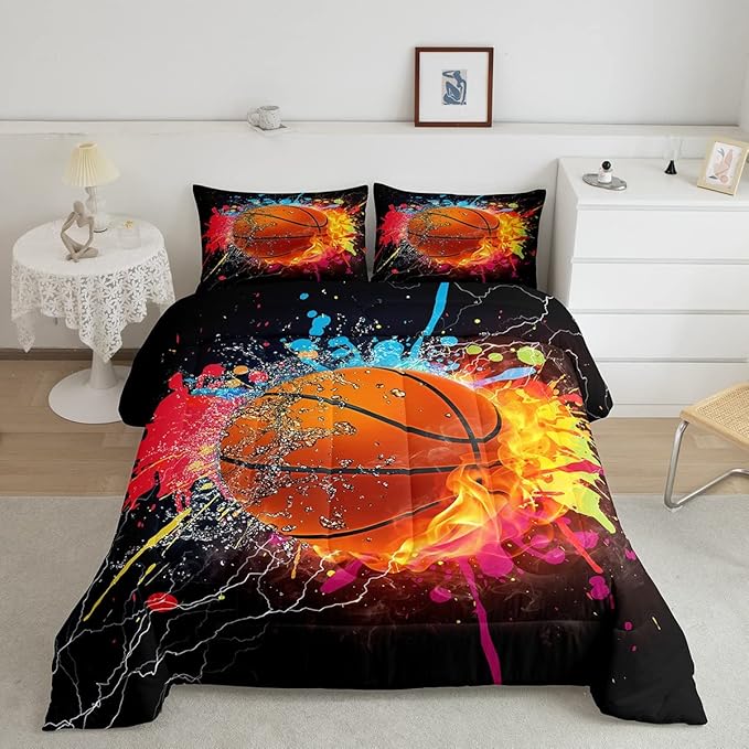Teen Boys Basketball Bedding Set Kids Sports Comforter Sets Full Soft Lightweight Bedroom Dorm Decor,Red Blue Fire And Water Lightning Ball Duvet Insert,Colorful Grunge Tie Dye Quilt Bedding 3 Pcs - LeafyLoom