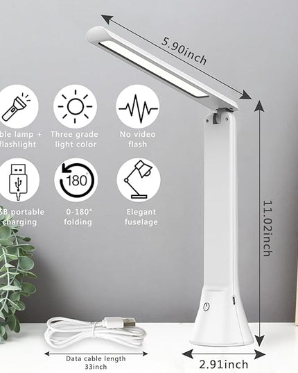 Rechargeable Desk Lamp with Flashlight Function, Battery Powered Desk Lamps for Home Office, Portable Foldable LED Desk Lamps, Cordless Desk Lamps, Small Lamps for Small Spaces, White - LeafyLoom