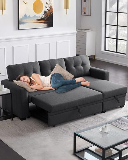 L Shape Sleeper Sofa Bed with Storage, Large Full Size Pull Out Sectional Couch, Futon Chaise Lounge Recliner for Living Room, Apartment, Bedroom, Office, Dark grey - LeafyLoom