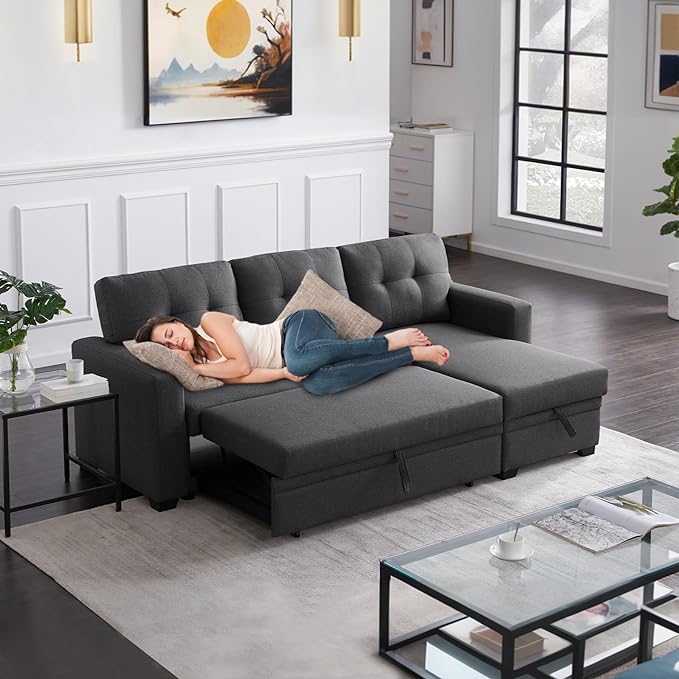 L Shape Sleeper Sofa Bed with Storage, Large Full Size Pull Out Sectional Couch, Futon Chaise Lounge Recliner for Living Room, Apartment, Bedroom, Office, Dark grey - LeafyLoom