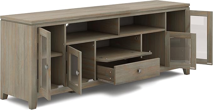 SIMPLIHOME Cosmopolitan SOLID WOOD Universal TV Media Stand, 72 inch Wide, Contemporary, Living Room Entertainment Center with Storage, for Flat Screen TVs up to 80 inches in Distressed Grey - LeafyLoom