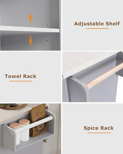 51.06 Inch Rolling Kitchen Cart with Trash Can Storage Cabinet & Drop Leaf, Portable Mobile Islands Table w/Adjustable Shelf, Spice, Towel Rack and Drawers, for Dining Room, Grey - LeafyLoom