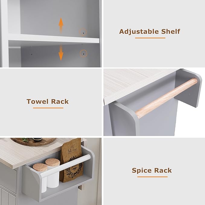 51.06 Inch Rolling Kitchen Cart with Trash Can Storage Cabinet & Drop Leaf, Portable Mobile Islands Table w/Adjustable Shelf, Spice, Towel Rack and Drawers, for Dining Room, Grey - LeafyLoom