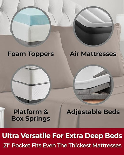 Mellanni Extra Deep California King Sheets - 4 PC Iconic Collection Bedding Sheets & Pillowcases - Hotel Luxury, Ultra Soft, Cooling Bed Sheets - Extra Deep Pocket up to 21 inch (Cal King, Brown) - LeafyLoom
