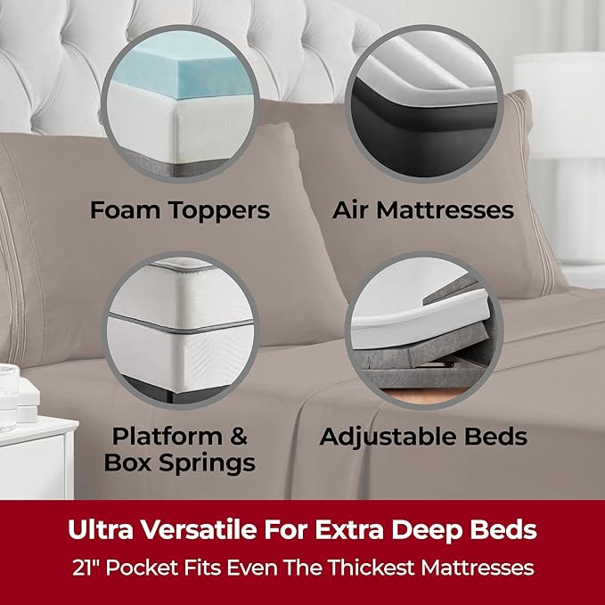 Mellanni Extra Deep California King Sheets - 4 PC Iconic Collection Bedding Sheets & Pillowcases - Hotel Luxury, Ultra Soft, Cooling Bed Sheets - Extra Deep Pocket up to 21 inch (Cal King, Brown) - LeafyLoom