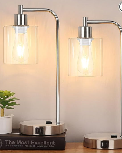 Industrial Touch Control Table Lamps Set of 2 - Brushed Nickel Nightstand Bedside Lamps with 2 USB Ports & AC Outlet, 3-Way Dimmable Desk Lamp for Bedroom Living Room, Glass Shade & LED Bulbs Included - LeafyLoom