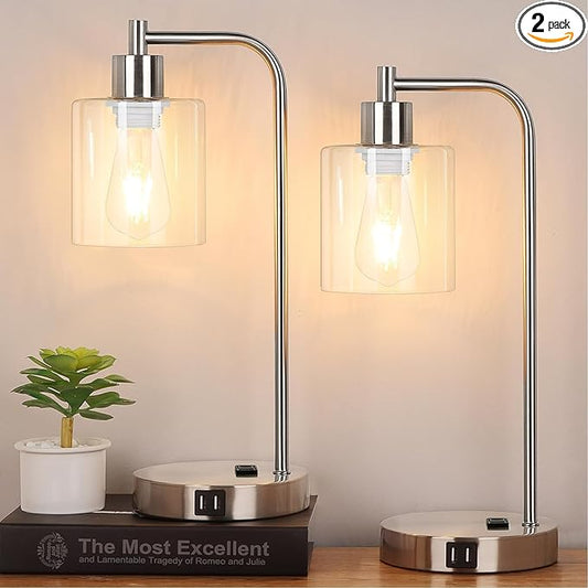 Industrial Touch Control Table Lamps Set of 2 - Brushed Nickel Nightstand Bedside Lamps with 2 USB Ports & AC Outlet, 3-Way Dimmable Desk Lamp for Bedroom Living Room, Glass Shade & LED Bulbs Included - LeafyLoom