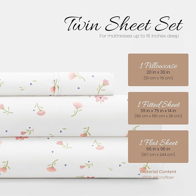 Linen Market 3 Piece Twin Bedding Sheet Set (Pink Floral) - Sleep Better Than Ever with These Ultra-Soft & Cooling Bed Sheets for Your Twin Size Bed - Deep Pocket Fits 16" Mattress - LeafyLoom