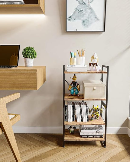 4 Tiers Bookshelf Adjustable Shelf Organizer, Rustic Brown Small Bookcase for Small Space,Industrial Wooden Storage Bookcase Display Rack and Storage Organizer for Living Room Home Office - LeafyLoom