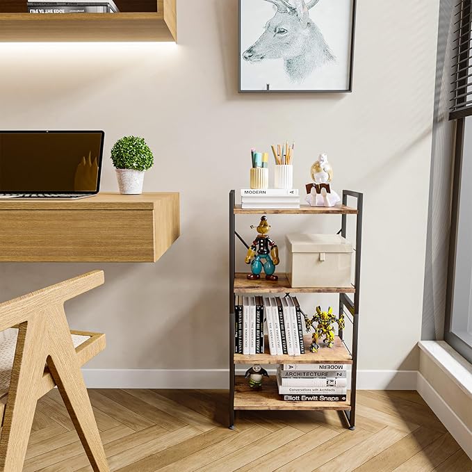 4 Tiers Bookshelf Adjustable Shelf Organizer, Rustic Brown Small Bookcase for Small Space,Industrial Wooden Storage Bookcase Display Rack and Storage Organizer for Living Room Home Office - LeafyLoom