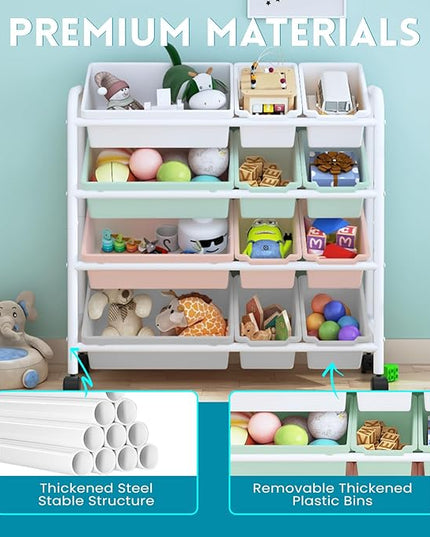 Kids Toy Storage Organizer with 12 Plastic Bins, 4-Tier Metal Toy Storage Rack, Metal Toy Organizer with Storage Bins for Kids Room, Playroom and Nursery, Multi-Color - LeafyLoom