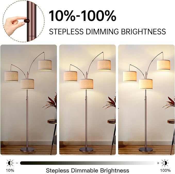 Dimmable Floor Lamp, 3 Lights Brown Arc Floor Lamps for Living Room, Modern Tall Standing Tree Lamp with Beige Linen Shade & Heavy Base, Large Floor Lamp for Bedroom Office, 3x1000 LM Bulbs Included - LeafyLoom