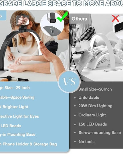Foldable Half Moon Light for Nail Desk, 29 Inch Desk Lamp with Phone Holder for Video Creation, 3 Light Modes 3000-6500K Esthetician Lash Light for Eyelash, Nail, Video - LeafyLoom