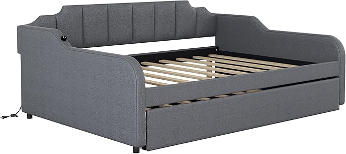 Full Size Daybed Frame with Pop up Trundle,Upholstered Day Bed with Charging Station,Daybed with Trundle Bed Full,Wood Sofa Bed Frame with USB for Bedroom, Living Room,Guest,Office,Full,Gray - LeafyLoom