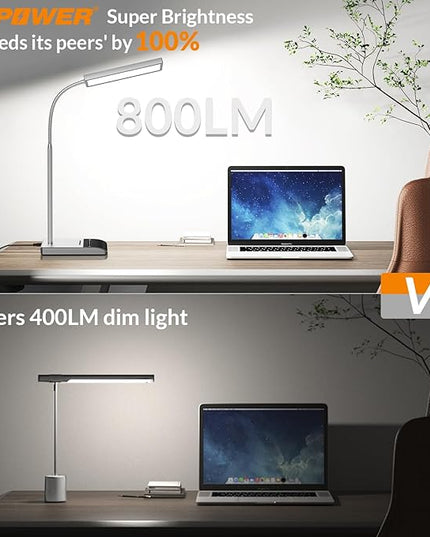 LEPOWER Desk Lamp, 800LM LED Desk Lamp for Home Office, 12W Reading Lamp for Desk, Eye-Caring Light, Touch Table Lamp, Gooseneck Lamp, 50 Lighting Modes, Bright Desk Lamps for Bedroom, Study (Grey) - LeafyLoom