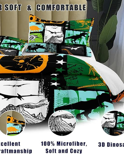 Bodhi Queen Size Teen Comforter Set,Boys Comforter Bedding Set with Pillowcases,Teen Kids Queen Size Dinosaur Comforter Set,Cartoon Dinosaur Bedding Set,Boy Bed Set - LeafyLoom