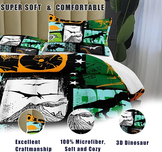 Bodhi Queen Size Teen Comforter Set,Boys Comforter Bedding Set with Pillowcases,Teen Kids Queen Size Dinosaur Comforter Set,Cartoon Dinosaur Bedding Set,Boy Bed Set - LeafyLoom
