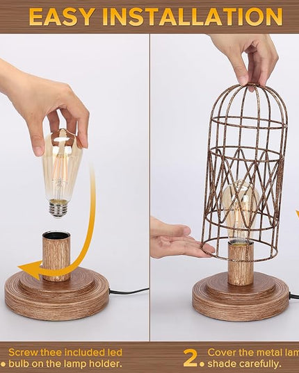 Touch Control Table Lamp Small Lamp for Small Spaces 3 Way Dimmable Nightstand Lamp Farmhouse Bedside Lamp for Bedroom Living Room, Simple Desk Lamp with Brushed Rustic Wood Cage Shade, Bulb Included - LeafyLoom