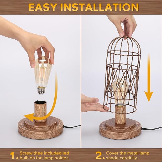 Touch Control Table Lamp Small Lamp for Small Spaces 3 Way Dimmable Nightstand Lamp Farmhouse Bedside Lamp for Bedroom Living Room, Simple Desk Lamp with Brushed Rustic Wood Cage Shade, Bulb Included - LeafyLoom