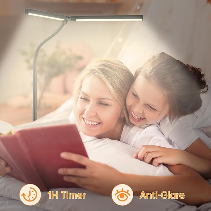 LED Floor Lamp - Foldable Dual Head Design, 24W Ultra Bright Adjustable 3000-5500K Color & 5 Step Brightness, Eye-friendly Anti-glare Reading Lamp with Remote, Standing Lamp for Office Study Drafting - LeafyLoom
