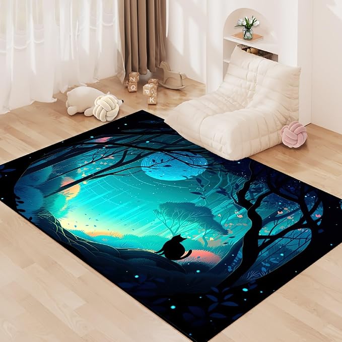 Cat Rug - Magic Black Cat Rug for Home Decor Moon Black Cat Rug for Boys Room Cat Door Mats Outdoor Entrance Forestscape Cat Rug, 3x4 Feet - LeafyLoom