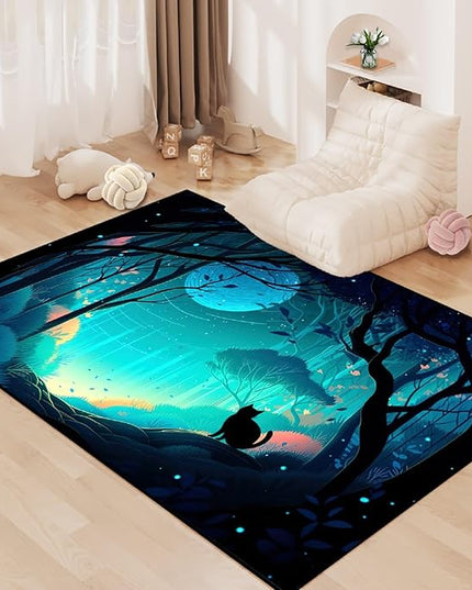 Cat Rug - Magic Black Cat Rug for Home Decor Moon Black Cat Rug for Boys Room Cat Door Mats Outdoor Entrance Forestscape Cat Rug, 5x7 Feet - LeafyLoom