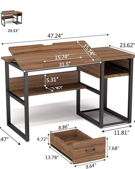 Tribesigns Drafting Table with Storage Drawers, Drawing Computer Desk Artist Craft Table Painting Desk Workstation with Shelves and Tiltable Tabletop for Students, Home Office - LeafyLoom