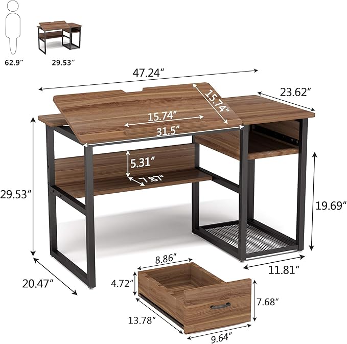 Tribesigns Drafting Table with Storage Drawers, Drawing Computer Desk Artist Craft Table Painting Desk Workstation with Shelves and Tiltable Tabletop for Students, Home Office - LeafyLoom