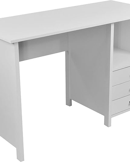 Techni Mobili White Desk with Drawers - Small Office Desk with 3 Cabinet Drawers, Open Shelf, & Laminated Wooden Panels Office & Study Table for Bedroom & Workstations - LeafyLoom