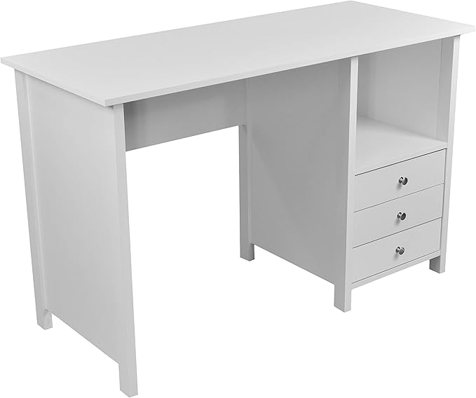 Techni Mobili White Desk with Drawers - Small Office Desk with 3 Cabinet Drawers, Open Shelf, & Laminated Wooden Panels Office & Study Table for Bedroom & Workstations - LeafyLoom