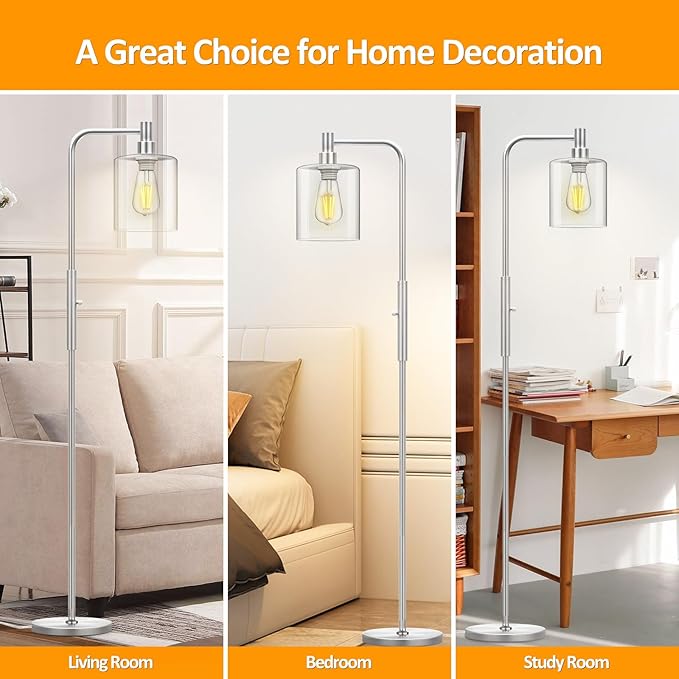Stepless Dimmable Floor Lamps with Glass Lampshade Modern Standing Lamps with 6W LED Bulb Bright Corner Lamp Tall Pole Lamps for Living Room Bedroom Office Study Room Farmhouse, Silver - LeafyLoom
