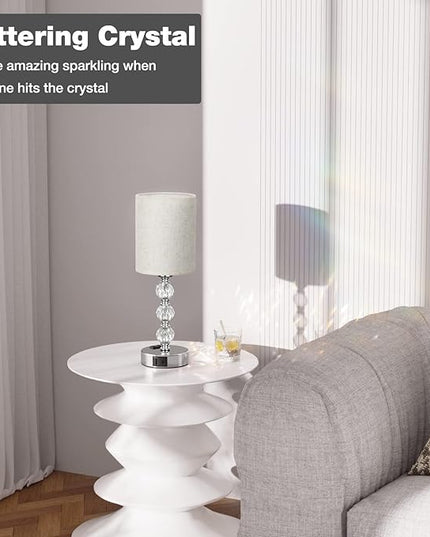 White Touch Bedside Lamps for Bedrooms - Crystal Table Lamp with USB C+A Charging Port and AC Outlet Nightstand, 3 Way Dimmable Silver Small End Side Table Lamp for Living/Guest/Dinning Room/Kitchen - LeafyLoom