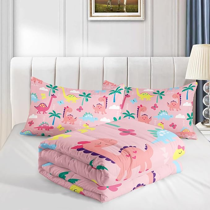 Axolotl Cute Dinosaur Comforter Set Twin,Colorful Dinosaur Girls Bedding Set,Dinosaurs Print Comforter Sets Botanical Palm Trees,Butterfly Bedding Set for Kids Girls Teens,1 Quilt 2 Pillowcases,Pink - LeafyLoom