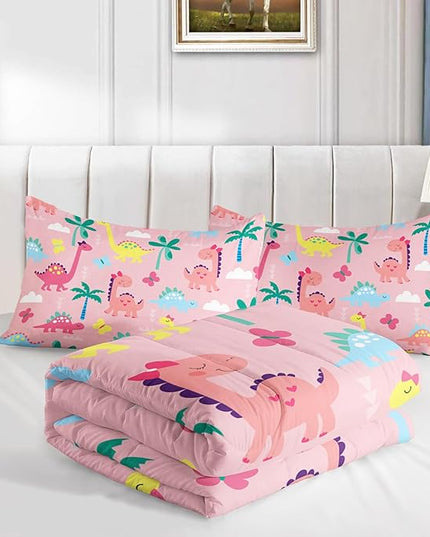 Axolotl Cute Dinosaur Comforter Set Full,Colorful Dinosaur Girls Bedding Set,Dinosaurs Print Comforter Sets Botanical Palm Trees,Butterfly Bedding Set for Kids Girls Teens,1 Quilt 2 Pillowcases,Pink - LeafyLoom