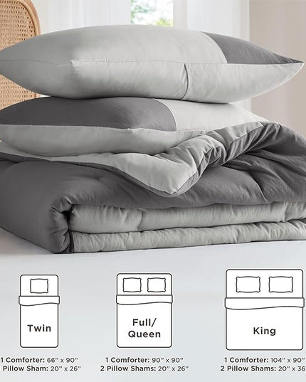 Grey Twin Comforter Set - Modern Soft Farmhouse Bedding for Teen Boys, Kids Colorblock Pattern Bed Sets for All Season, 2 Pieces includes 1 Comforter, 1 Sham (66"x 90") - LeafyLoom