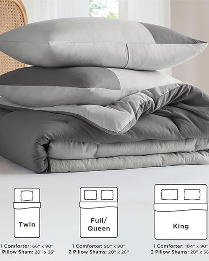 Grey Comforter King Size - Modern Farmhouse Soft Comforter Sets for Men, Masculine Colorblock Pattern Bed Sets for All Season, 3 Pieces includes 1 Comforter, 2 Shams (104"x 90") - LeafyLoom