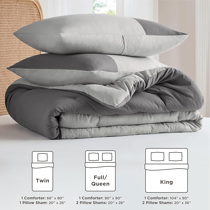 Grey Comforter King Size - Modern Farmhouse Soft Comforter Sets for Men, Masculine Colorblock Pattern Bed Sets for All Season, 3 Pieces includes 1 Comforter, 2 Shams (104"x 90") - LeafyLoom