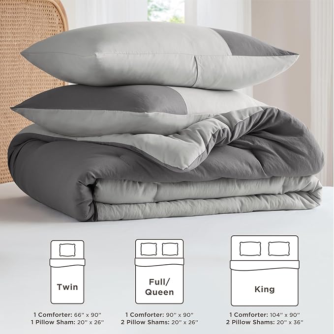 Grey Comforter Queen Set - Modern Soft Farmhouse Comforter Sets for Men, Masculine Colorblock Pattern Bedding Set for All Season, 3 Pieces includes 1 Comforter, 2 Shams (90"x 90") - LeafyLoom