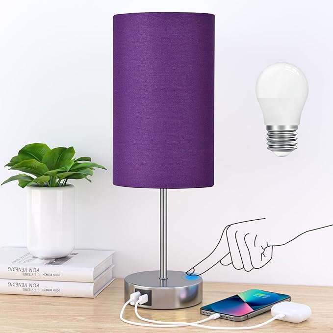 AKASUKI Table Lamp for Bedroom, 3 Way Dimmable Touch Lamp with Dual Charging Station, Small Bedside Lamps for Night Stands, Living Room, Office(LED Bulb Included) - LeafyLoom
