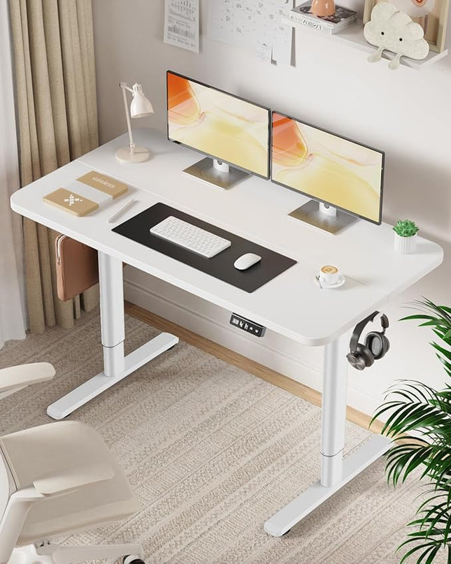 Electric Standing Desk Adjustable Height Stand Up Desk, 48" x 24" Sit Stand Desk, Low Noise Home Office Desk, Computer Desk with Splice Board, Child Lock & Memory Function, White - LeafyLoom