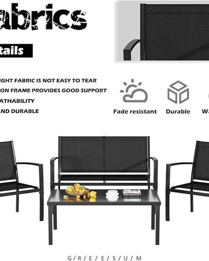 Greesum 4 Pieces Patio Furniture Set, Outdoor Conversation Sets for Patio, Lawn, Garden, Poolside with A Glass Coffee Table, Black - LeafyLoom