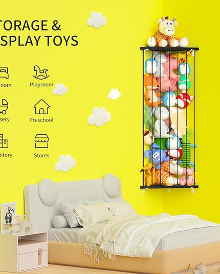 Stuffed Animal Storage Toy Organizer: Corner Stuff Animals Holder for Wall with Adjustable Length - Kids Plush Toys Storage for Nursery Playroom Bedroom Kids Room(Black) - LeafyLoom