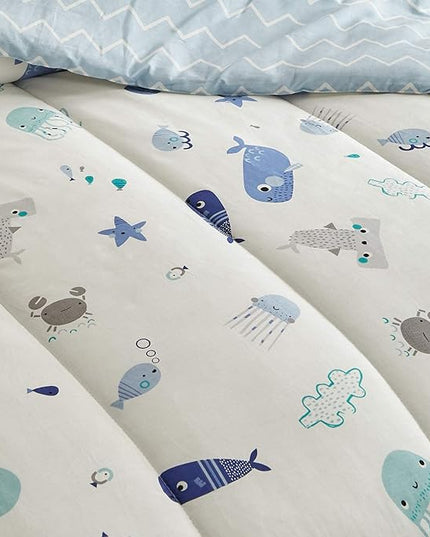 Joyreap 3pcs Premium Cotton Comforter Set for Kids Boys n Girls, Vibrant Ocean Theme Starfish Whale Crab Printed, Skin-friendly Breathable Bedding Comforter for All Season (Full/Queen, 88x88 inches) - LeafyLoom